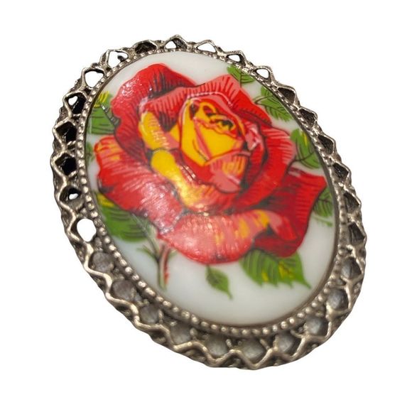 Vintage Silver Brooch With Porcelain Flower Cameo - Picture 3 of 12